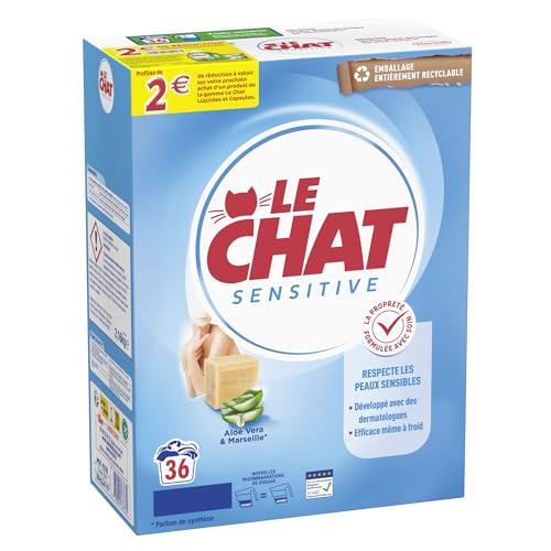 Le Chat - Sensitive – Lessive en Poudre – Respecte les Peaux Sensibles - Développé avec des Dermatologues - Efficace même à Froid – Savon de Marseille & Aloe Vera - 36 Lavages