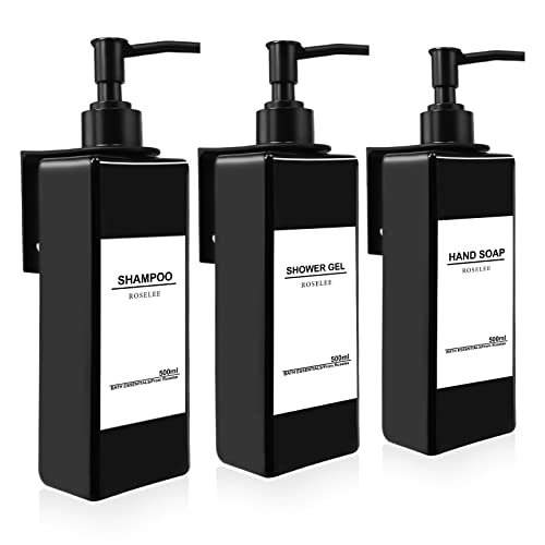 Roselee 3 Pièces Distributeur de Savon Mural, Distributeur Savon Douche Noir, 500ml Flacon Pompe Vide No Perçage avec Étiquettes pour Cuisine et Salle de Bain