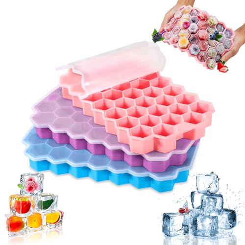 AQXONG 3 Pcs Bac à Glaçon Silicone avec Couvercle Moule à Glaçons 111 Blocs, Bac à Glaçons en Silicone Empilable, Convient pour les Aliments pour Bébés, La Bière, Les Glaçons aux Fruits, La Gelée