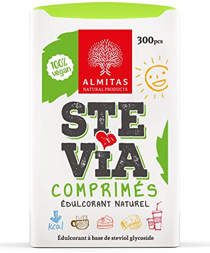 Comprimés de Stévia par Almitas® fabriqués en Allemagne (300 comprimés) Sans érythritol, sans lactose, etc., édulcorant zéro calorie pour les régimes à faible teneur en glucides