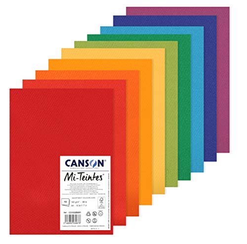 CANSON Mi-Teintes - Assortiment 10 feuilles de papier dessin A4 - 160g/m² - Couleurs vives