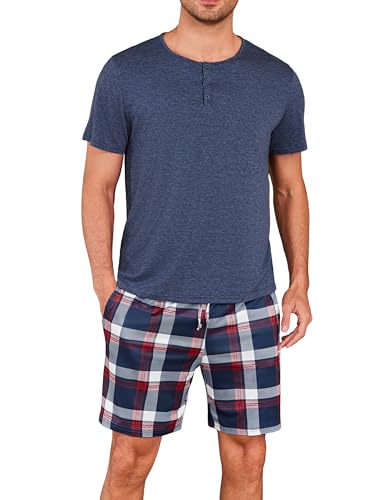 Uniexcosm Pyjama Homme Coton Ete Pyjama Manches Courtes Pyjama À Carreaux Homme Pantalon Manches Courtes Marine L