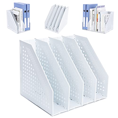 FRETONBA Porte-revues pliable, Porte Revue Bureau avec 4 Compartiments, Classeurs à Revues de Grande Capacité, Rangement Papier Vertical A4, Gris clair