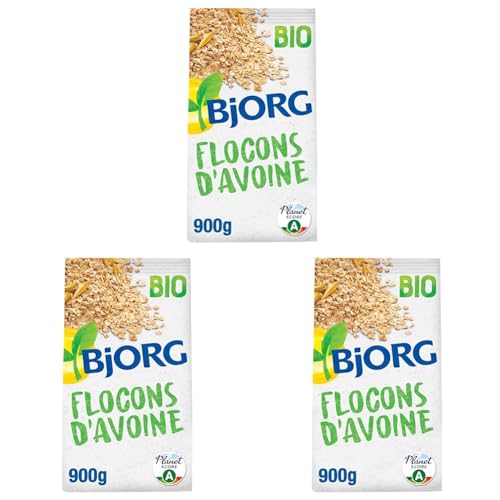 BJORG - Flocons d'Avoine Bio - Céréales Complètes Riches en Fibres - Sans Sucres Ajoutés - 900 g (Lot de 3)