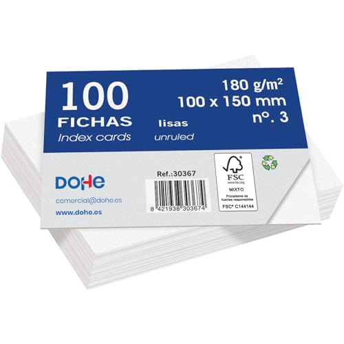 Dohe - Fiches lisses en carton (100 unités) - Cartes pour écrire des notes, format A6 (15 x 10 cm), 180 g/m², n° 3, fournitures de bureau - Blanc