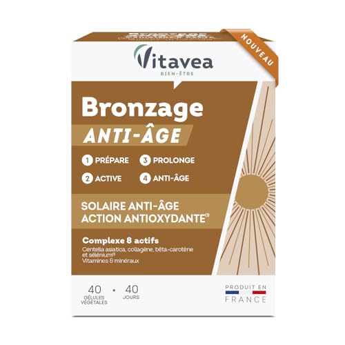 Vitavea - Bronzage Anti-Âge - Prépare, Active et Prolonge les effets du soleil - Peau Sublimée - Complément Alimentaire avec Centella Asiatica, Zinc, Vitamine B5, Bêta-Carotène - 40 Gélules - 40 Jours