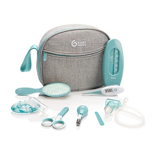 Babymoov Trousse de Soin Bébé - Dès la naissance - Grand Format - Kit Complet 9 Accessoires dont Brosse à Cheveux, Thermomètre digital, Thermomètre de bain, Coupe Ongles - Garantie à vie, Aqua