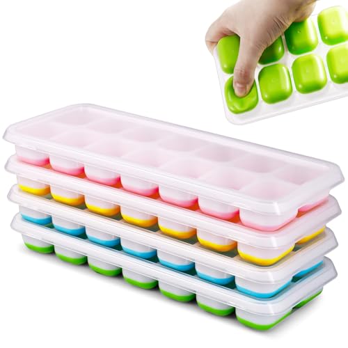 MIILLPOP Bac à Glaçons, Lot de 4 Moule à Glaçons en Silicone avec Couvercle, 56 Compartiments, certifié LFGB et sans BPA, pour Nourriture Bébé, Boissons, Whisky