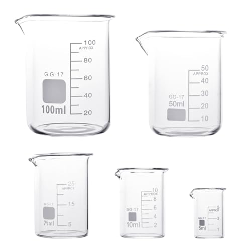 EMNIMQ 5 pièces Bécher en Verre de Laboratoire, Bécher Gradué en Verre Borosilicate 5ml 10ml 25ml 50ml 100ml pour Laboratoire et Cuisine verrerie et matériel de laboratoire, échelle de Précision