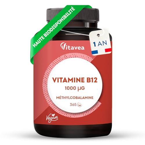 Vitamine B12, 1 000 µg - Vegan & Végétarien - Méthylcobalamine Pure & Biodisponible - Haut dosage & haute assimilation - 1 an - Immunité, Fatigue et Equilibre Nerveux - Fabriqué en France - Vitavea