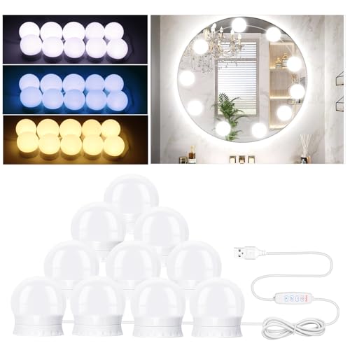 NVIYAM 10 LED lumiere Miroir, Lumiere Coiffeuse - 3 couleurs, Led Coiffeuse, Style Hollywoodien, Lampe de Maquillage, éclairage pour coiffeuse, pour miroir cosmétique, miroir de salle de bain