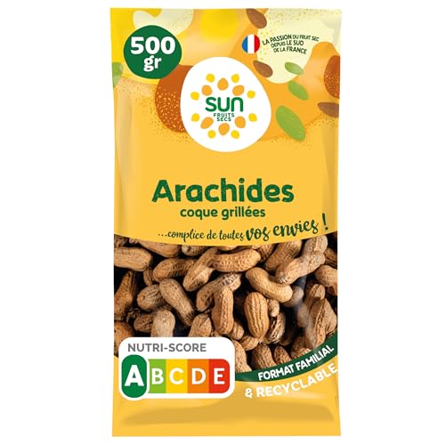 SUN - Arachides avec Coque 500 g - Cacahuètes Grillées Non Salées avec Coque - Pour Snacking, Apéro, Cuisine - Apéritif, Encas Sain, Pâtisserie