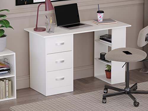 Vida Designs Mason Bureau étagères et 3 tiroirs, Table de Jeu pour Ordinateur Portable, Poste de Travail d'étude, Meuble Blanc, Bois d'ingénierie, 3 Drawer