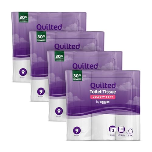 by Amazon Papier Toilette, 3 Épaisseurs Matelassé, Doux et Soyeux, 36 Rouleaux (4 Paquets de 9), 200 Feuilles par Rouleau, Certifié FSC