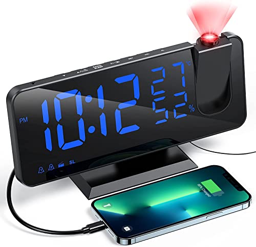 Aikove Reveil Projecteur avec Radio, Horloge Numérique, Réveil avec Port de USB, 3 Niveaux de Luminosité Réglables, Snooze et 15 Niveaux de Volume, 12/24h, pour Chambre, Maison, Bureau