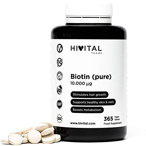 Biotine 10000 mcg (Vitamine B7) | 365 comprimés végétaliens (1 an de traitement) | Stimule la croissance des cheveux, aide à garder la peau et les ongles sains et améliore le métabolisme