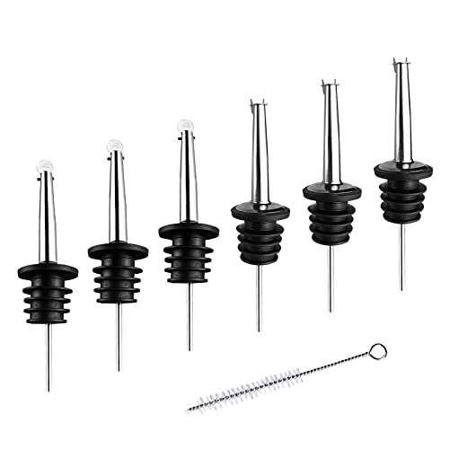 Gvolatee 6 Pièce Bec Verseur Alcool Acier Inoxydable, Bec Conique avec Capuchons Anti-Poussière et Brosse de Nettoyage, Verseur Huile D'Olive pour Liqueur Vin, Boissons, Cocktails, Sirop, Vinaigre