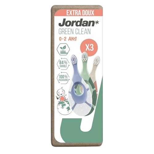 Jordan ® | Step 1 Green Clean | Brosse à dents bébé durable 0-2 ans | Poils biosourcés extra doux, manche 84% recyclé, anneau mordant doux | Couleurs mélangées | Pack 3 Unités
