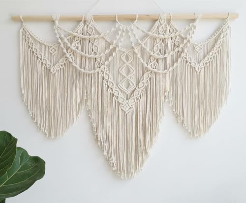 UXORSN Grande Tenture Murale Tapisseries Décoratives Macramé Mural Tissée à la Main Art Murale Beige en Corde de Coton Naturel Bohème Chic Décoration Pour Chambre à Coucher Salon Bureau Appartement