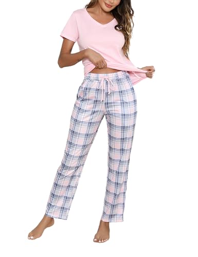 Litherday Ensemble de Pyjama Femme Coton Vêtements de Nuit à Manches Courtes + Bas de Pyjama à Carreaux Vêtement d'Intérieur Rose M