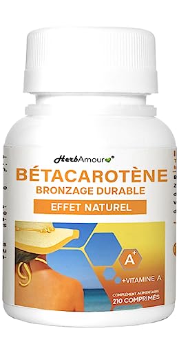 BÉTACAROTÈNE POUR BRONZAGE FORT | 210 Comprimés (Stock Pour 7 Mois)| Bêta Carotène Haute Dose Pour Accélérer Bronzage Extrait Sec De Carotte Avec Vitamine À | Sans Gluten Et Lactose