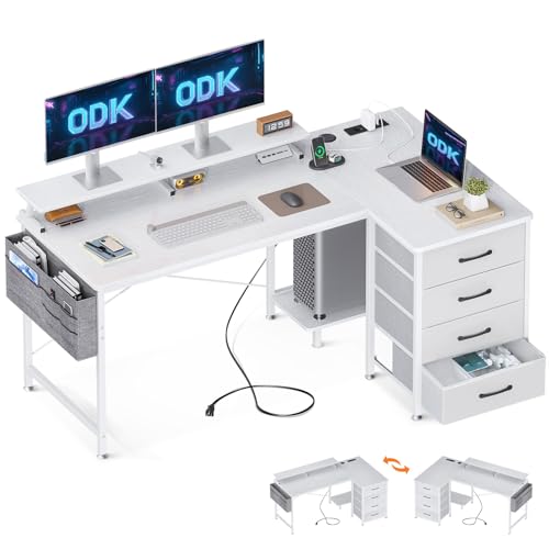 ODK Bureau en L avec Prise de Charge USB et Prise de Courant, Bureau d'angle Blanc avec 4 Tiroirs et Tablette pour écran Table d'ordinateur en L pour Le Travail à Domicile (Blanc, 140x80x84.7cm)