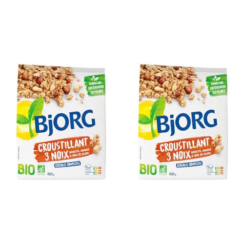 BJORG - Céréales Bio Croustillant 3 Noix - Aux Céréales Complètes - Riche en Fibres - Sachet de 450 g (Lot de 2)