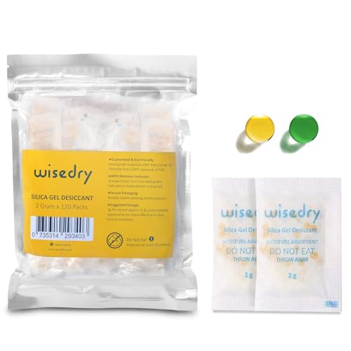 wisedry Lot de 120 petits sachets de gel de silice anti-humidité de qualité alimentaire pour placard, armoires, coffres, outils et stockage 2 g chacun