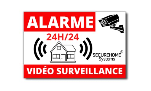 SecureHome Systems - Lot de 8 autocollants fond blanc dissuasifs vol 8,5x5,5cm - Alarme + Vidéo-surveillance 24h/24 - Haute qualité, résistance pluie et UV…