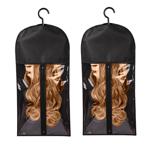 Lot de 2 Cintres Portables pour Perruques,Sac de Rangement pour Perruque,Sac de Rangement pour Extensions de Cheveux,Accessoires de Perruques pour Cheveux de Femme (Noir)