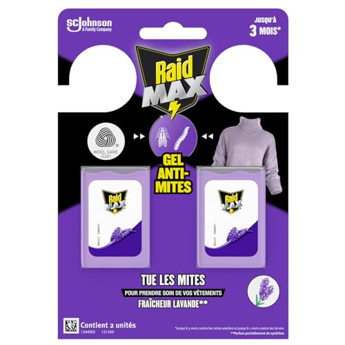 Raid Max Gels Anti-Mites Parfum Lavande - Protège Les Vêtements Jusqu'à 3 Mois - Parfume Délicatement - Certification Woolmark - 2 Gels