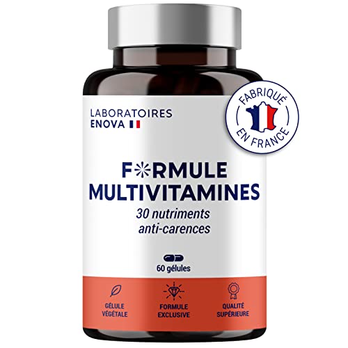 FORMULE MULTIVITAMINES et Minéraux 30 Nutriments | Vitamine A B C D E K, Quercetine, Magnesium, Zinc, Coenzyme Q10, Selenium | Complement Alimentaire Anti-Carences | Fabriqué en France | 60 gélules