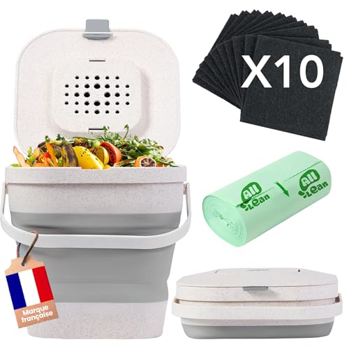 Composteur de Cuisine 4-en-1 (Greenbox2024) - Poubelle à Compost 4L sans Odeur pour Cuisine + Appartement – Kit avec Seau + 10 Filtres à Charbon + 25 Sacs Poubelle + Guide Compost (Grise)