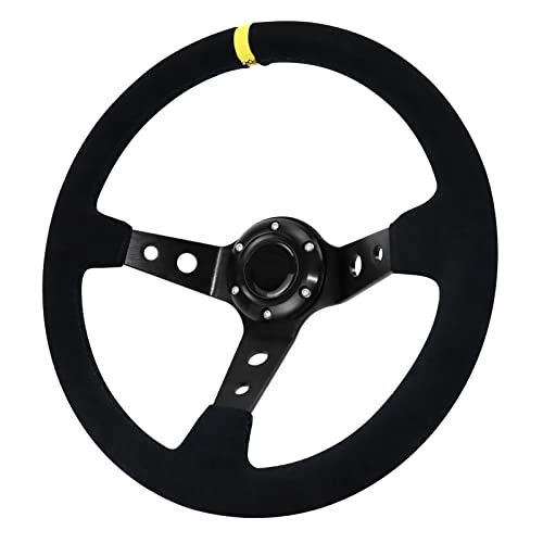 Acclcors Volant de jeu universel de course 13,6' - 6 vis - Poignée en daim - Deep Dish - Avec bouton klaxon - Pour course / rallye / sport automobile / voiture SIM - Noir