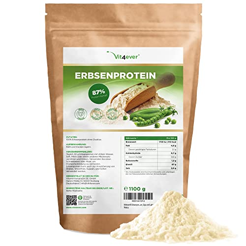 Vit4ever Poudre de protéines de pois 1,1 kg / 1100 g - Teneur en protéines 87% - Isolat de protéines de pois 100% - Origine Belgique - Vegan - Poudre de protéines pure - Sans gluten, soja et lactose.