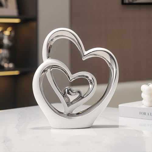 ODMYZG Statue en céramique à Double cœur,Coeur élégant pour la décoration,décoration de Maison créative Moderne,Décoration de Table,Décoration Salon,Convient comme Cadeau, Hauteur 25,5 cm.