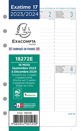 Exacompta - 18272E - Recharge Exatime 17 - 10,5 x 17,2 cm - Semainier Septembre 2023 à décembre 2024 - 16 mois