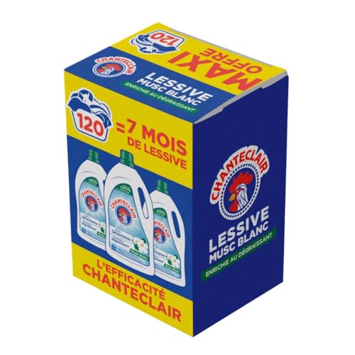 Chanteclair - Lessive Liquide Concentrées Musc Blanc, Enrichie au Dégraissant, Ultra Détachantes et Efficaces aussi à Froid, 40 lavages - 1800 ml x 3