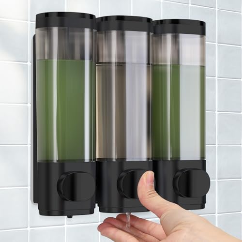 Lot de 3 distributeurs de savon, fixation murale, sans perçage, distribution uniforme de liquide, anti-fuite, convient pour shampooing, gel douche, savon liquide, après-shampoing, noir