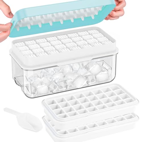 Bacs à glaçon avec couvercle,Moule à Glaçons de 64 Grilles- Sans BPA,bacs à glaçons carrés faciles à retirer en une Seconde(Bleue,2 niveaux)