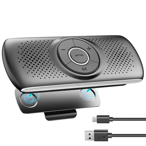 Kit Mains Libres pour Voiture Bluetooth 5.0 Haut-Parleur Micro Intégré avec Clip Support du GPS, Musique Slot Carte TF Reconnexion Automatique, Enceinte Voiture Brise-Soleil IOS Siri&Assistant Google