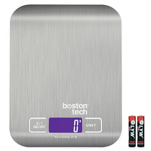 Boston Tech Balance de Cuisine Électronique de Haute Précision 5000g/1g avec Écran LCD Rétroéclairé, 6 Unités et Fonction Tare Acier Inoxydable, Smart Digital, pour Alimentaire Multifonctionnel