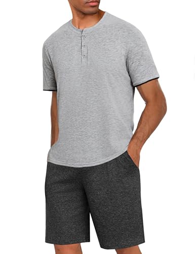 Uniexcosm Pyjama Homme Coton Manches Courtes Pyjama Homme Col V avec Boutons Pyjama D'Été Doux Ensemble De Deux Pièces pour Homme Gris Clair XL