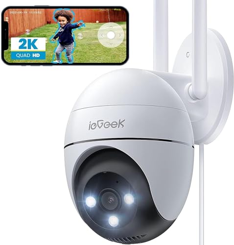 ieGeek 2K Camera Surveillance WiFi Exterieure, 360° Camera IP, Vision Nocturne Couleur, Détection Humaine, Audio Bidirectionnel, Sirène et Alarme Lumineuse, Pan 355°/Tilt 120°, Stockage Cloud