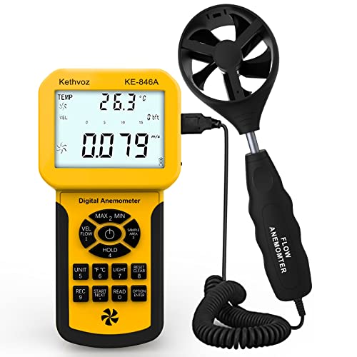 Kethvoz Anémomètre VMC Debimetre, Anemometre Mesure Débit Air Volume CFM Tester Vitesse du Vent Température pour Système AC, Mesureur vitesse l'air industriel avec MAX MIN AVG Stockage Données