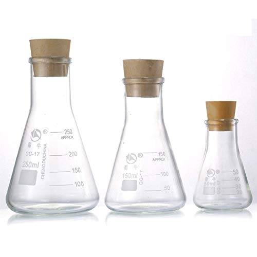 Yizerel Lot de flacons Erlenmeyer en verre borosilicate gradués (250 ml, 150 ml et 50 ml) avec bouchons en caoutchouc et échelles précises pour laboratoire, expériences, chimie, sciences, etc.