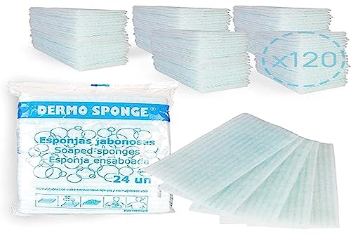 120 Éponges savonneuses jetables, pour adultes, enfants et bébés, lingette, pour peaux sensibles, 5 Packs de 24 éponges, 120 unités, Éponges de bain avec savon pour WC et hygiène