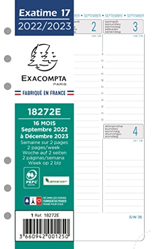 Exacompta - 18272E - Recharge Exatime 17 - 10,5 cm x 17,2 cm - La semaine sur 2 pages - avec une grille verticale - Septembre 2022 à Décembre 2023 - Papier blanc
