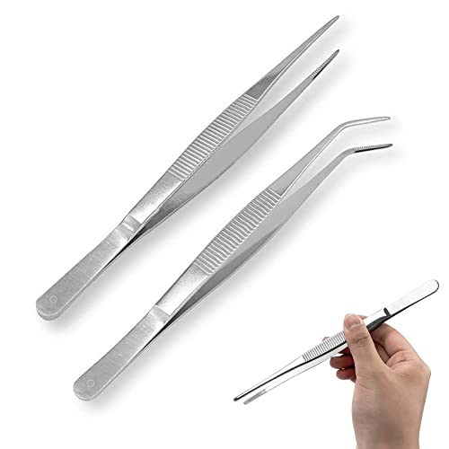 Pince a Epiler Professionnelle, 2 Pinces en Acier Inoxydable 25cm Longues Droites/Incurvées, Tweezers avec une extrémité dentelée de précision, pour le travail industriel, laboratoire