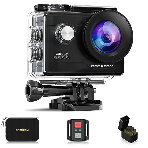 Apexcam Caméra Sport 4k 30fps Caméra Sportive 170° de 20MP Caméra sous-Marine 40M, Plusieurs Modes de Prise de Vue avec Télécommande, 2 * 1050MhA Batteries Rechargeables et Sac d'accessoires